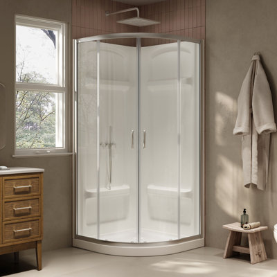 Ensemble de douche d'angle néo-rond Breeze Quadrant 91,4 cm L x 91,4 cm l x 192,3 cm H, fini nickel satiné, portes coulissantes transparentes, parois et receveur