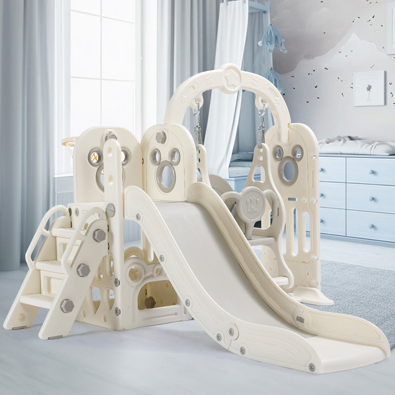 6 in 1 Toddlers Slide and Swing Set, Kids Slides w/Climber, Storage, Basketball Hoop, Ball, Suction Cup Reinforced