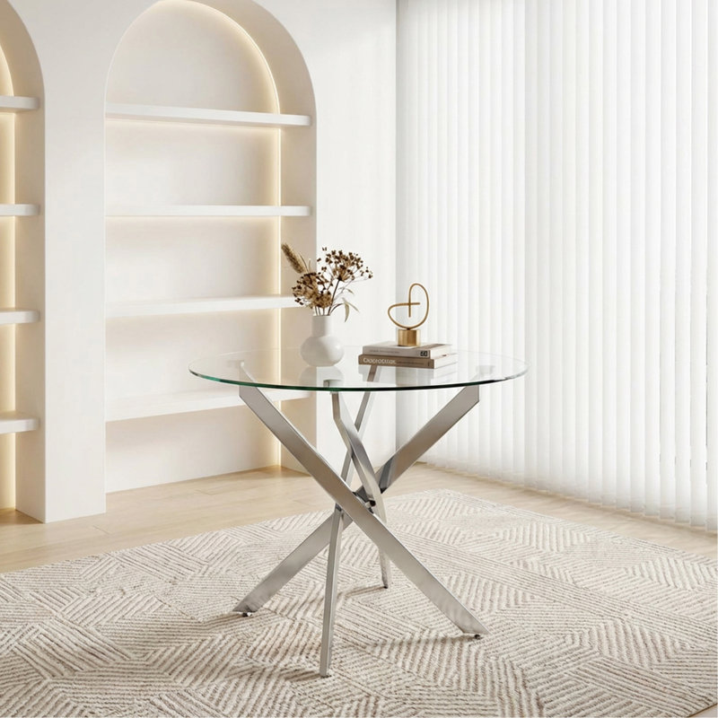 Table de cuisine ronde en verre de 35,5 po avec pieds, finition brillante, idéale pour les rassemblements dans de petits espaces, les rassemblements compacts et stables,