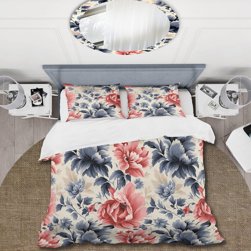 Red And Blue Damask Flower Nostalgia I Floral Duvet Cover, King Duvet Cover + 2 King Shams