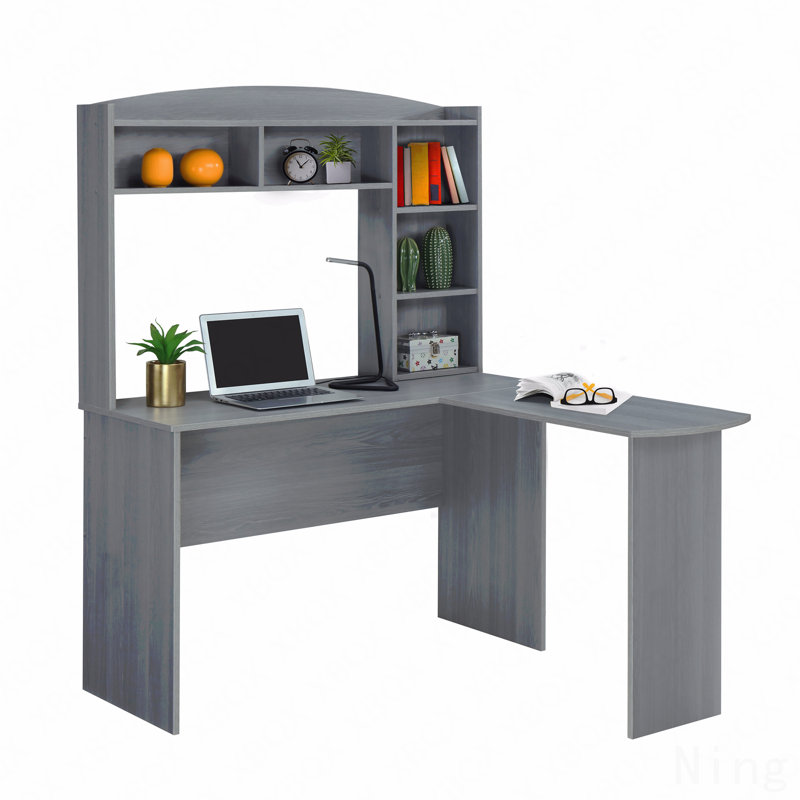 Modern L-Shaped Desk With Hutch, Grey