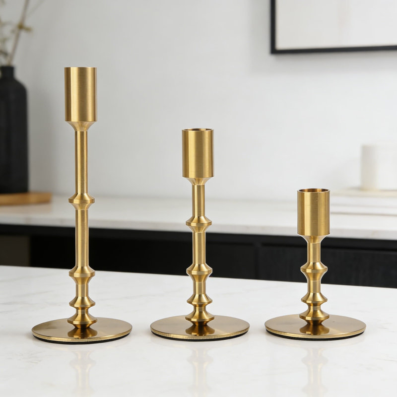 Modern Brass Candlestick Holders Set Of 3, Elegant Gold Candle Holders For Table, Mantel, Wedding, And Home Decor With Weighted Base For Stability
