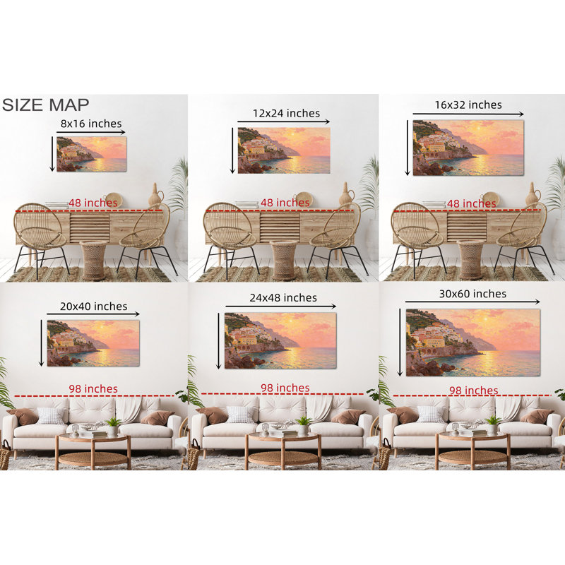 Coucher de soleil - peinture côtière italienne pour la décoration méditerranéenne, œuvre d'art de plage vibrante pour le bureau de la chambre à coucher, toile tendue avec cadre en pin, 12 po x 24 po