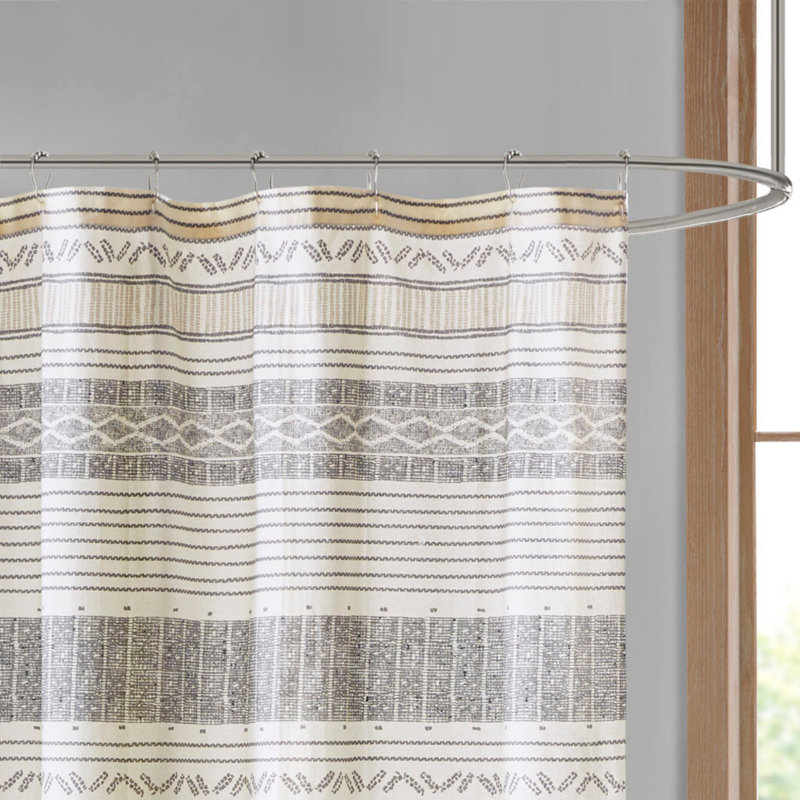 Gray and Yellow Cotton Striped Shower Curtain with Tassels