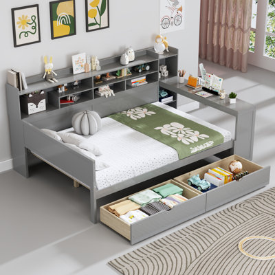 Full Size Wooden Daybed with Study Desk, Storage Shelves and 2 Drawers, Multifunctional Space-Saving Bed, Gray