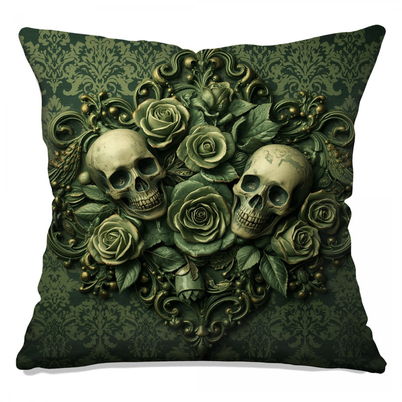 Coussins décoratifs Skulls With Green Roses, 14 X 14 pouces