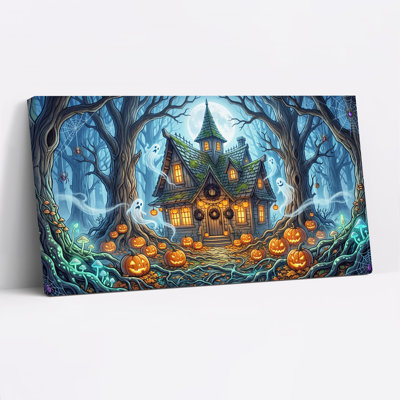 Maison hantée avec citrouilles et fantômes au clair de lune, art mural d'Halloween
