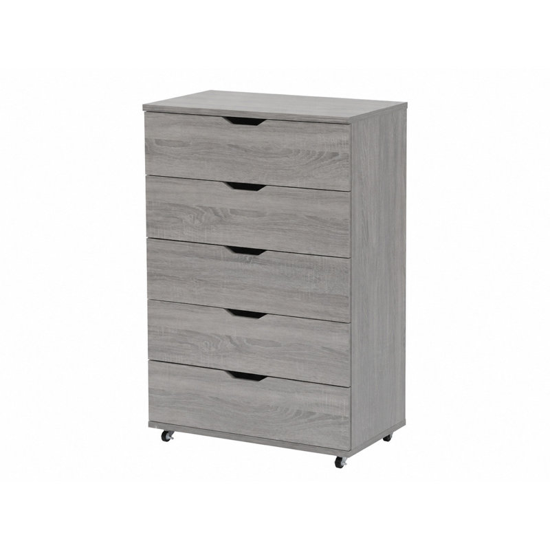 Commode à 5 tiroirs en bois gris moderne 46,46 po avec roulettes pour chambre à coucher, chambre de bébé