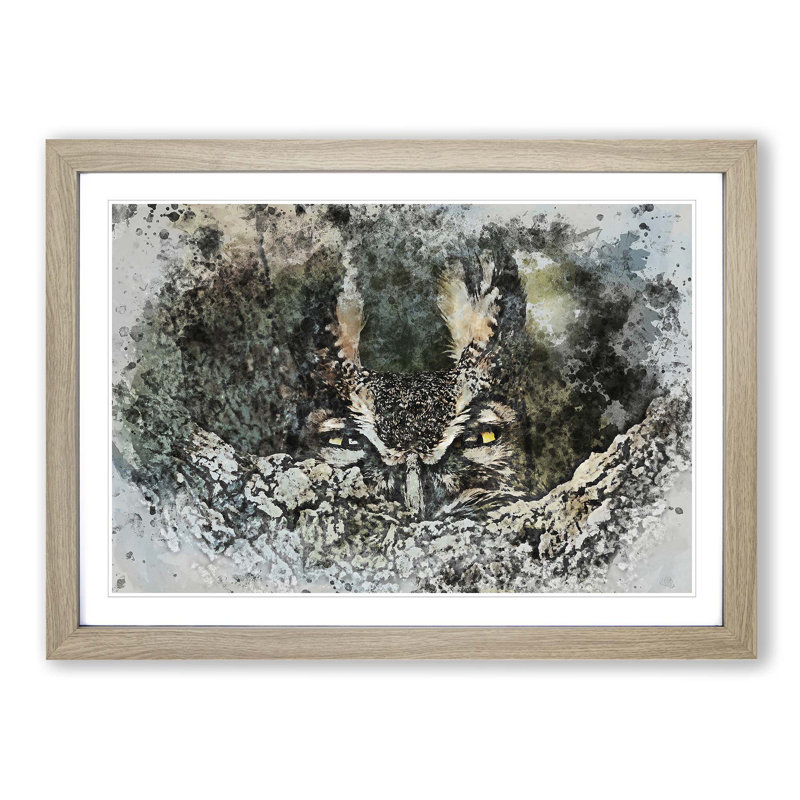 Long-Eared Owl in Abstract - Picture Frame Painting Print on MDF, Oak Framed, 36cm H x 48cm W x 2cm D