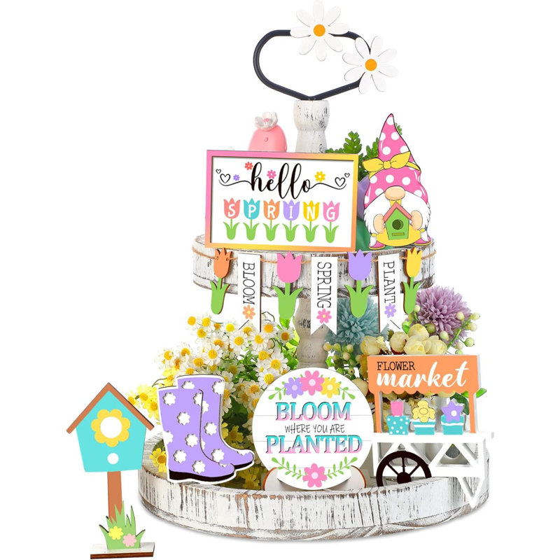 Kalojan 12 Pcs Spring Tiered Tray Decor Wooden Gnomes Flowers Plants Tabletop Trays Signs Spring Summer Fall Tiered Tray Items For Home Farmhouse Rustic Kitchen Decorations (Spring)