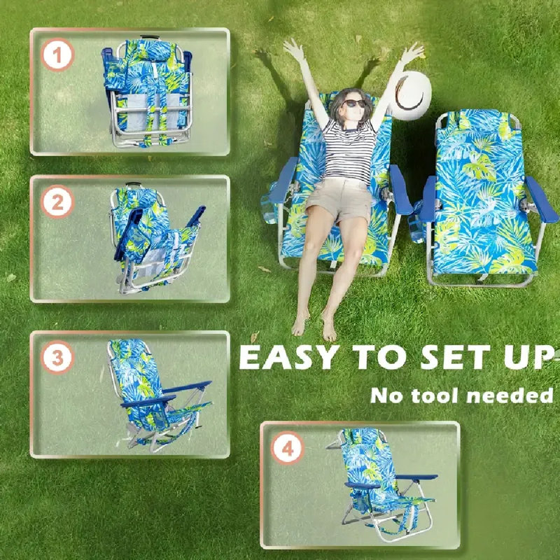 2 Packs Portable Backpack Beach Chairs For Adults - Folding Extra Wide Camping Chair - With Large Pockets And Cup Holder - Heavy Duty High Beach Chairs For Outdoor, Lawn, Trip, Picnic And Fishing