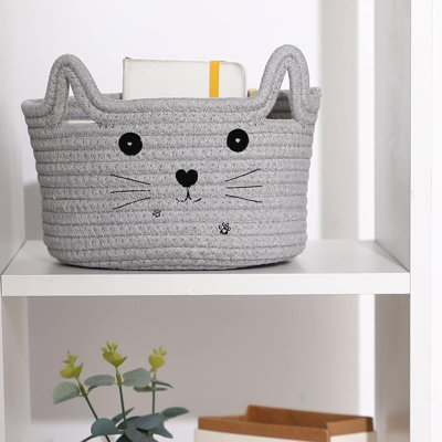 Panier de rangement pour chat tissé avec des oreilles et un jouet décoratif pour animal de compagnie
