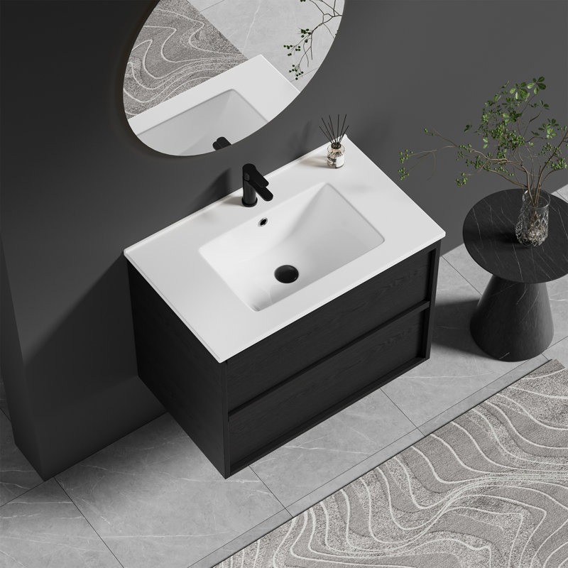 Mid-Century Modern Wall-Mounted Vanity With Soft-Close Drawers & Ceramic Sink, 29"