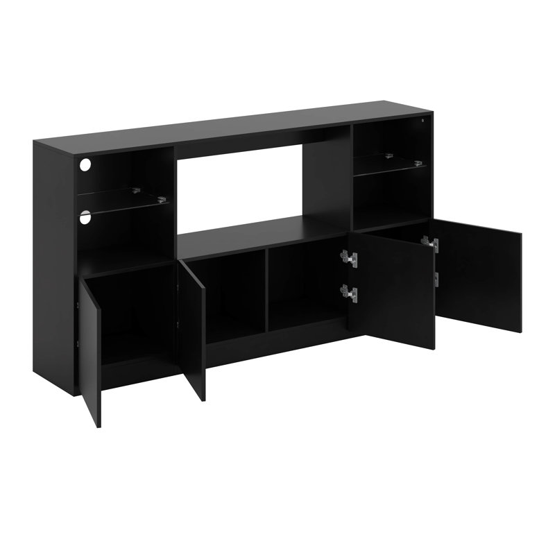 High Gloss TV Stand With LED Lights, Modern Sideboard With Large Storage Cabinet, Media Console With Tempered Glass Shelves