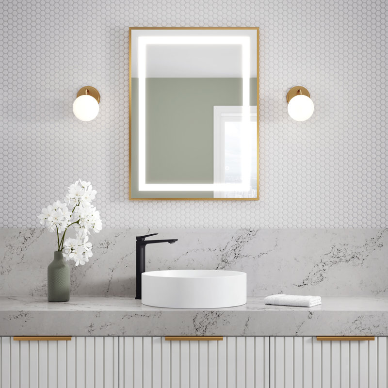 Effect LED-Illuminated Rectangular Mirror Brushed Gold Frame with Frosted Strip, 32" H x 24" W x 1.5" D