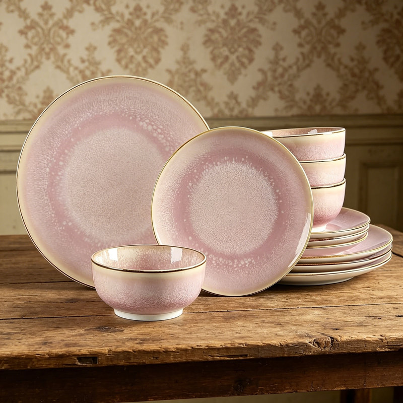 12-Piece Pink Porcelain Dinnerware Set For 4 People, Handcrafted Plates And Bowls, Chip & Scratch Resistant, Microwave & Dishwasher Safe, Home Kitchen Gift