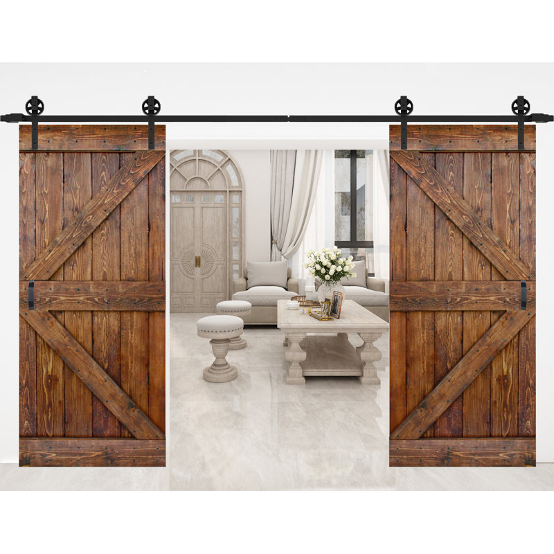Mr. Wood K style Paneled Solid Core Wood Double Sliding Barn Door