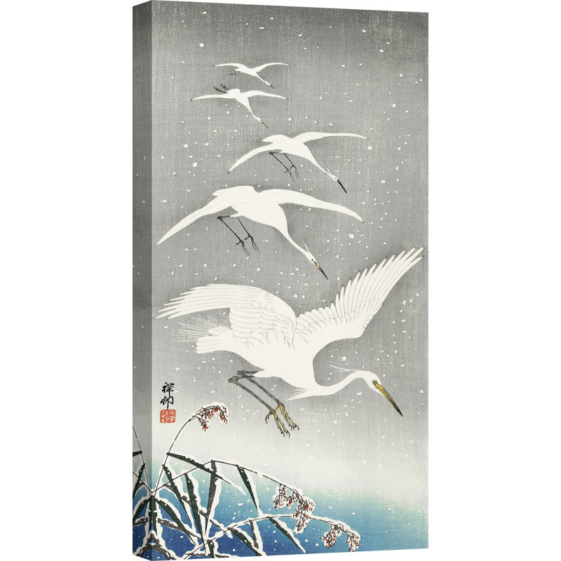 Descending egrets in snow 1 Piece Wrapped Canvas Wall Art, 70cm H x 35cm W x 4cm D