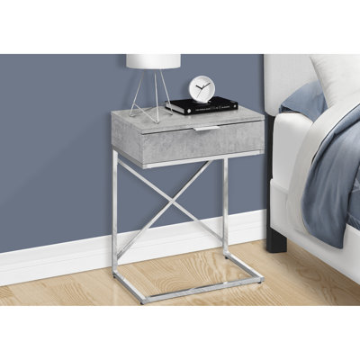 Accent Table With Grey Laminate Surface & Metal Base - Spacious Drawer For Bedroom, Living Room Contemporary Storage Top Frame Room, Side Or End Use