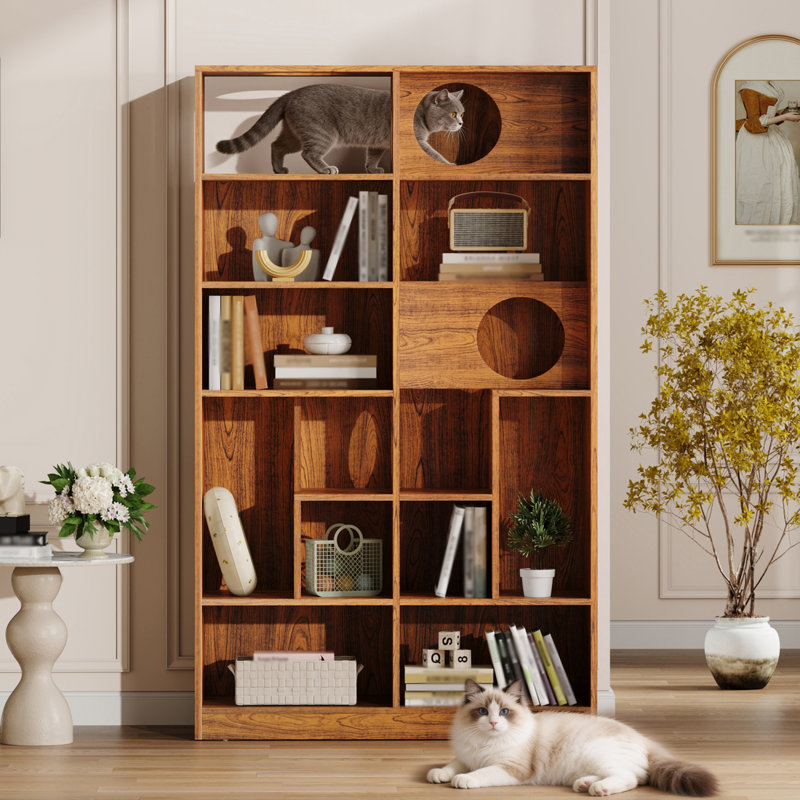 Bibliothèque moderne en bois 2 en 1 avec chat et arbre avec rangement, Brun