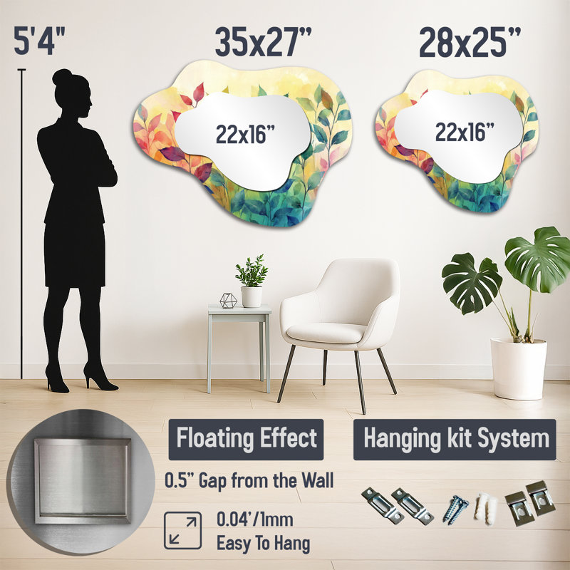 Neon Plants Pop Art - miroir asymétrique irrégulier Floral Herbs, miroir mural traditionnel, imprimé sur métal, 25 po x 28 po