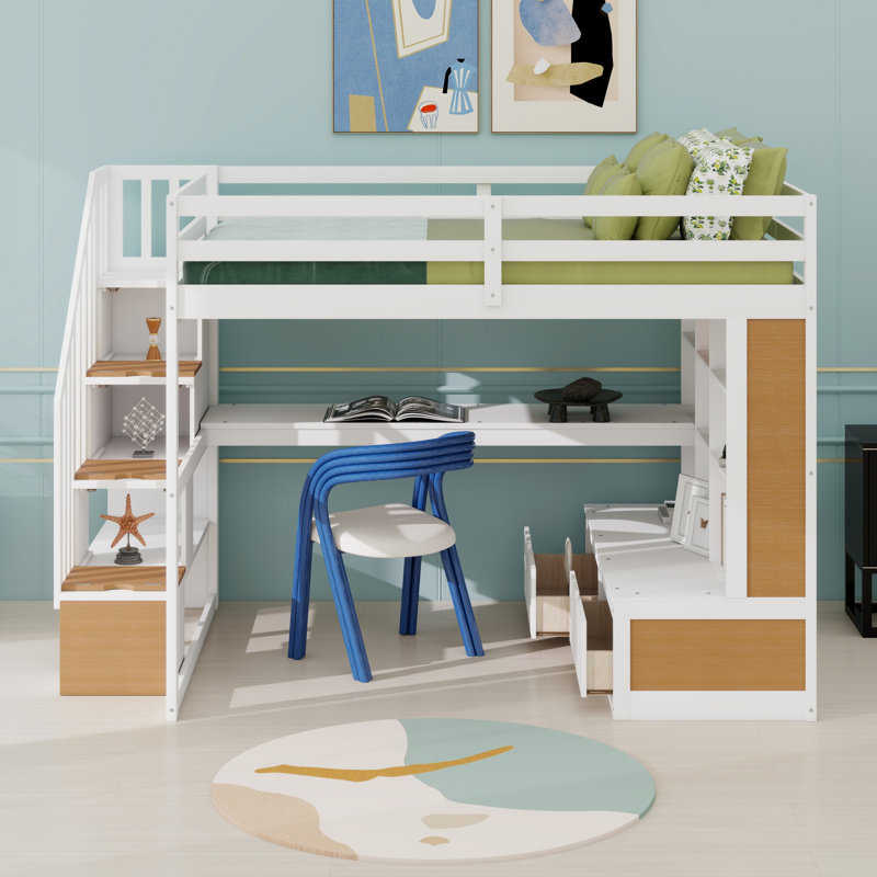 Lit mezzanine avec bureau et tablettes, deux tiroirs intégrés, escalier de rangement, Naturel / Blanc