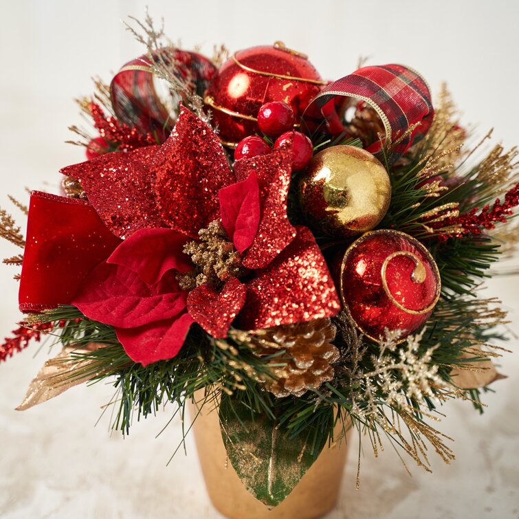 Plaid Ribbon Poinsettia Centerpiece in Pot