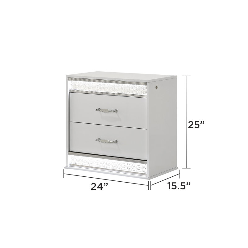 Table de chevet glamour avec 2 tiroirs spacieux en blanc et éclairage à DEL 2 laqués élégants