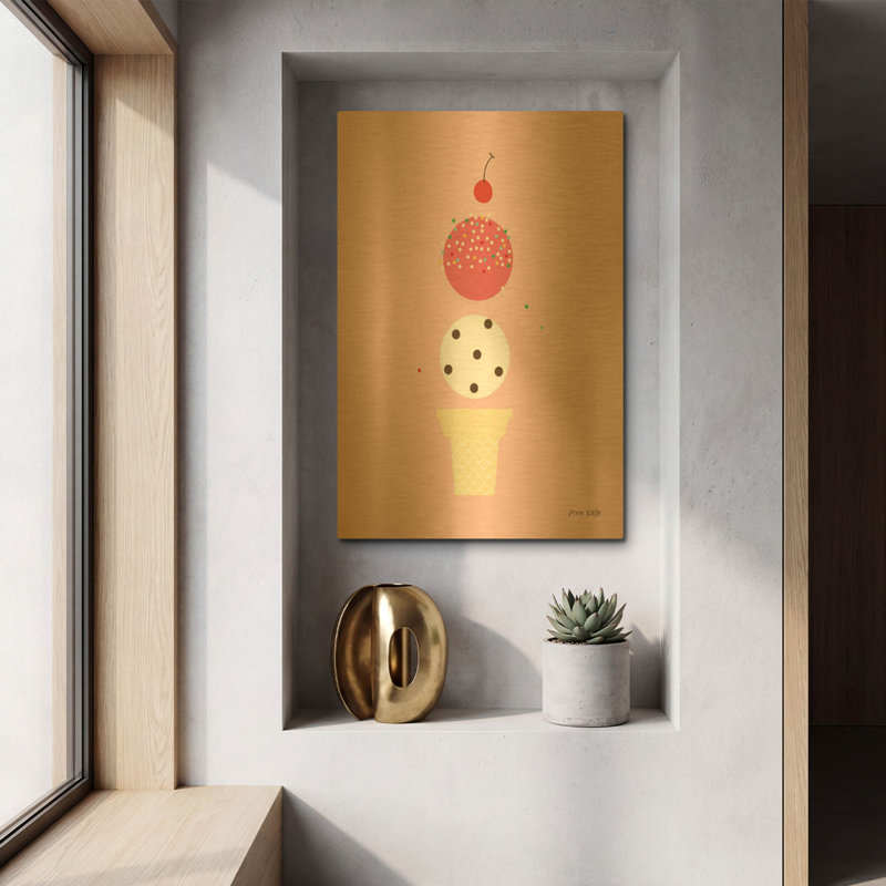 «Ice Cream and Cherry II» par Ann Kelle, art mural en métal doré, 12 po x 16 po, 12 po x 16 po