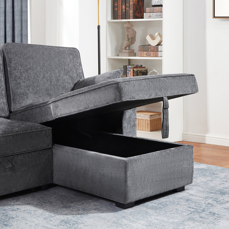 Canapé-lit modulaire en tissu avec méridienne réversible avec rangement, ports de charge USB et USB-C, porte-gobelets et coussins pour des espaces de vie confortables