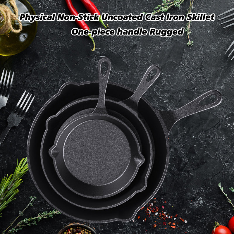 3 Piece Cast Iron Skillet FryinRAINBEAN Pre-Seasoned Cast Iron Skillet 3 Piece Set, Cast Iron Skillet Grill Pan with Handle for Grill, BBQ, Camping Fire, Stovetop, Kitchen and Camping Cookwareg Pan Set 6 8 10 in Handle Pre-Seasoned Black