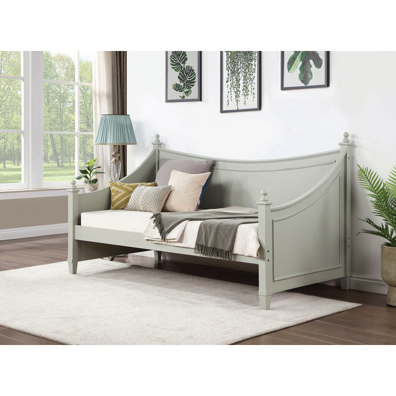 Light Gray Finish Transitional Style Molding Design Twin Daybed Mattress Ready Poster Design With Finials Solid Wood Structure