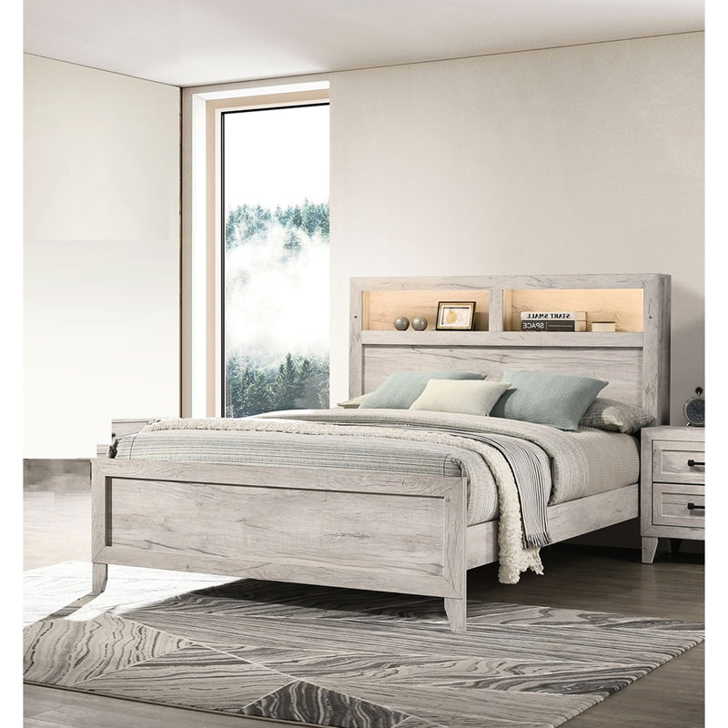 Contemporary White Wash Bed With Headboard Shelves And Built-In , Fabric Frame, Button Functional Features Full Lighting, Bedroom Furniture, Veneer, Design