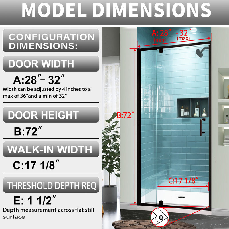 32 in. Matte Black Semi-Frameless Pivot Shower Door with Clear Glass