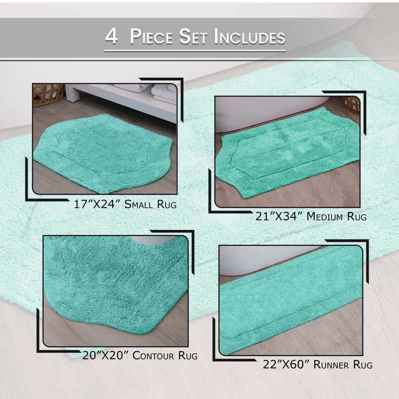 Morissette Waterford 100% Cotton Bath Rug Set, 4 Piece Set with Contour Mat, Spray Latex Backing, Soft Absorbent Bathroom Rugs, Machine Washable