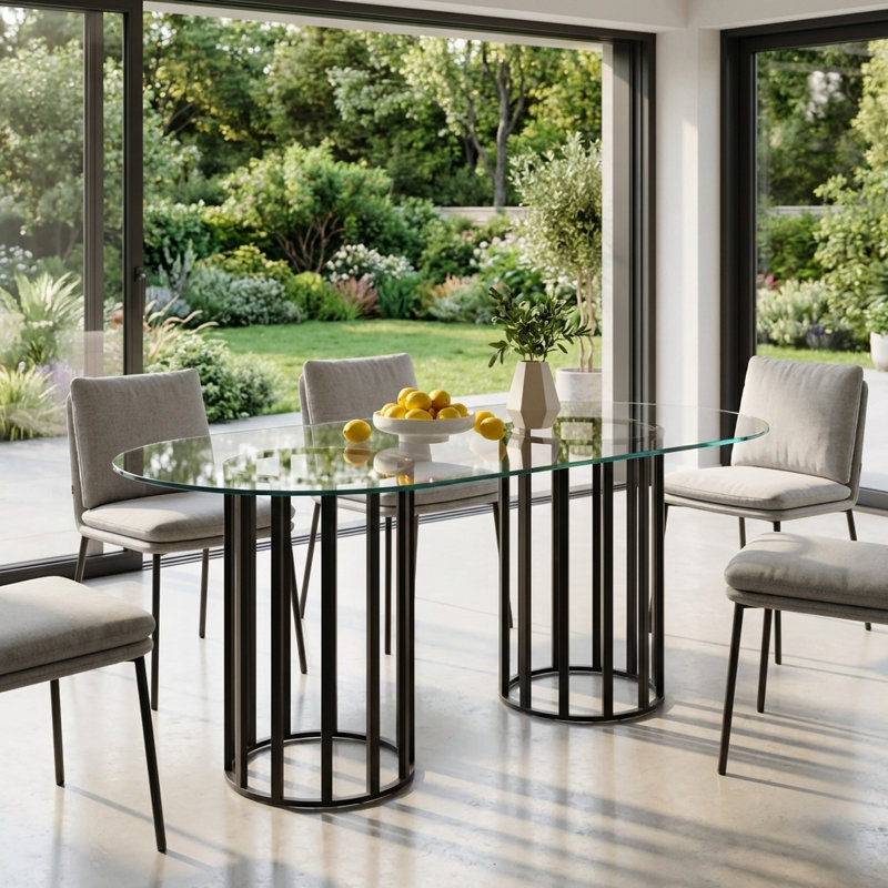 Table de salle à manger ovale en verre trempé, plateau de table résistant aux égratignures, facile à nettoyer, base en métal à double colonne stable avec fixation à ventouse, bords de sécurité arrondis