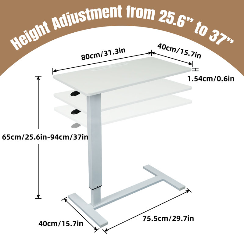 Rolling Laptop Table With Wheels,ipad Slot 31.3"x15.7", Height Adjustable From 25.6" To 37"