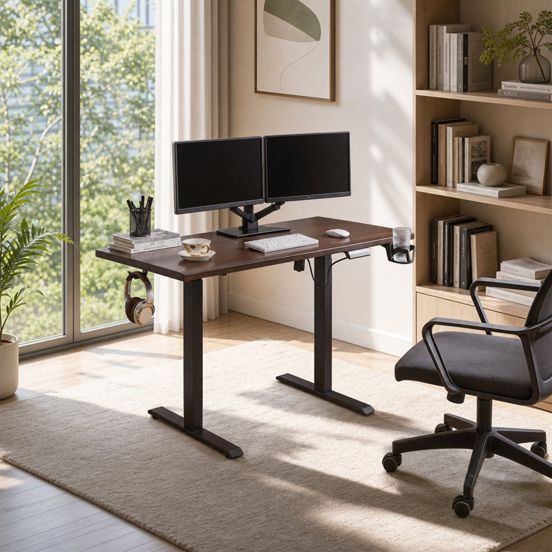 Bureau debout électrique en bois d'hévéa massif avec moteur simple, bureau assis-debout à hauteur réglable