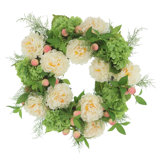 23" Spring Wreath with Real-Touch Hydrangeas, Peonies and Peaches