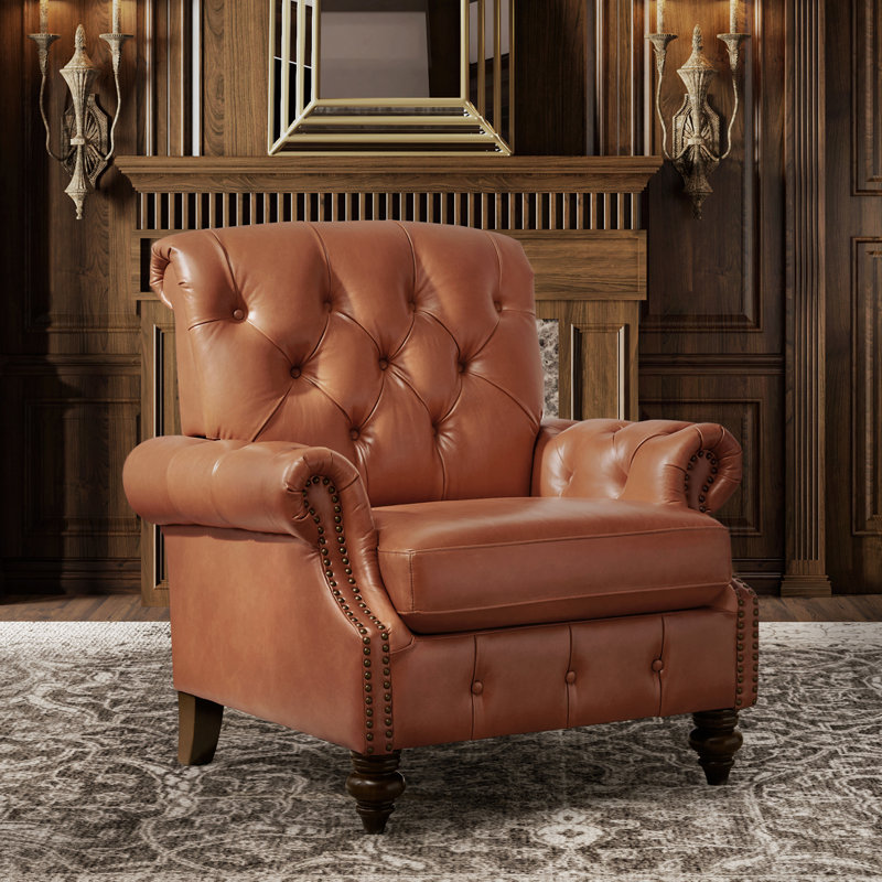 Fauteuil d'appoint en cuir de vache l 36,5 po Alesha, Cuir véritable brun moyen