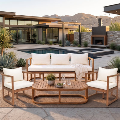 Ensemble de canapé de patio Alano 4 pièces en bois d'acacia avec canapé 3 places, 2 fauteuils et table basse