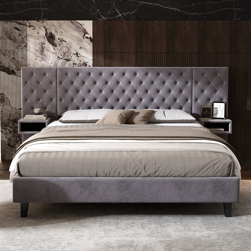 Très grand lit avec tête de lit - Velours, gris, 2 tables de chevet, diamant, sans sommier, fabrication en bois stable, aspect de la chambre à coucher à assemblage simple