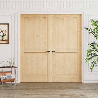 Interior 2-Panel Pine Wood Door, Colonial Natural Solid Pine Double French Doors, Pine Wood Frame & Matte Black Hardware-Privacy Door Lever with Lock, Latch & Hinges, Unfinished & Paintable, Pantry, Room, Bedroom, Bathroom & Closet, 72"x 80"