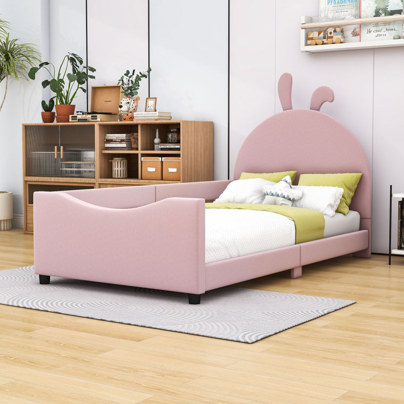 Lit simple tapissier avec tête de lit à oreilles de lapin et lattes, Rose