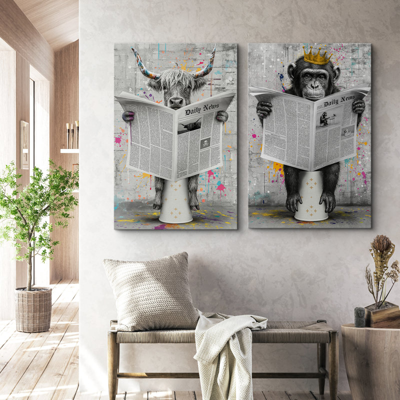 Reproduction d'art journal sur toile, impression de vaches et de singes des montagnes des Graffiti pour une salle de bain moderne urbaine ou un loft