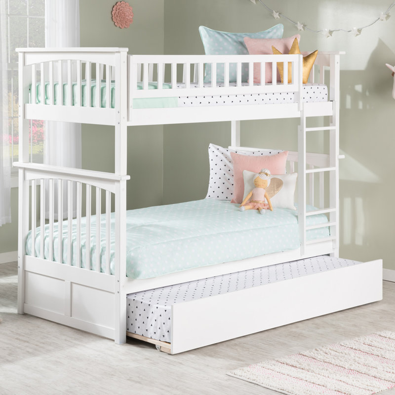 Blaisdell Solid Wood Standard Ladder Bunk Bed with Roll Out Trundle, Twin over Twin, White