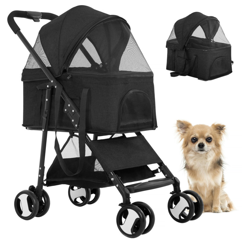 Black Foldable Stainless Steel Pet Stroller with Detachable Carrier
