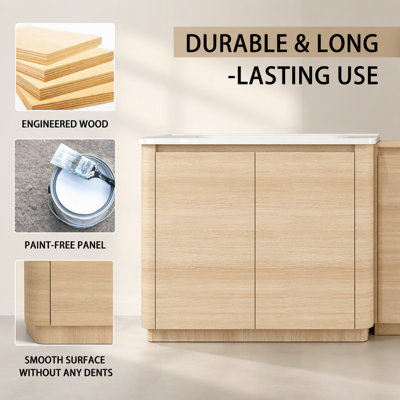Meuble-lavabo autoportant de 84 po avec lavabo en céramique blanche et 1 petite armoire de rangement, porte à fermeture en douceur, chêne imitation, emballage KD, contreplaqué