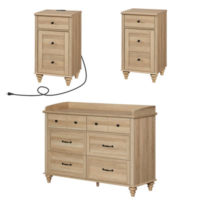 3 Piece Bedroom Set - Includes Mid Century 6 Drawer Dresser, Set Of 2 Bedside Tables With Charging Station, 3 Piece Dresser And Nightstand Sets, by August Grove