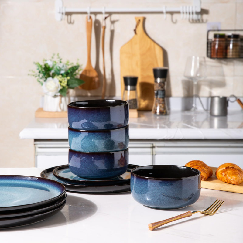 Blue Ceramic Reactive Glaze Dinnerware Set for 4